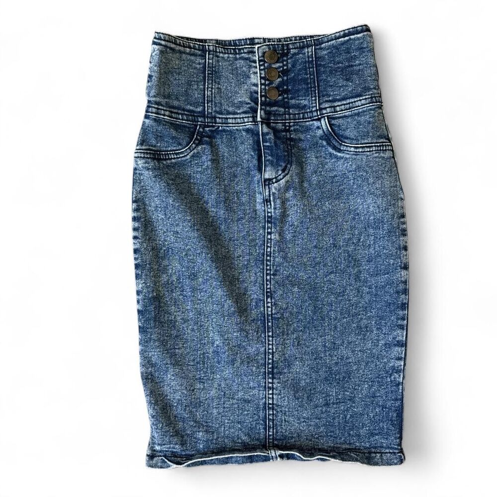 Japanese High Waist Denim Midi Pencil Skirt Blue Size 0-2